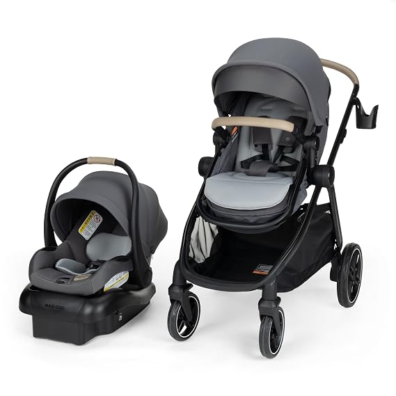 Maxi-Cosi Zelia Pro 5-in-1 Travel System with Mico Pro Infant Car Seat and Baby Stroller Combo, Reversible Seat, Large Wheels, Adjustable Handle, Newborn to Toddler, Lightweight, Sea Salt
