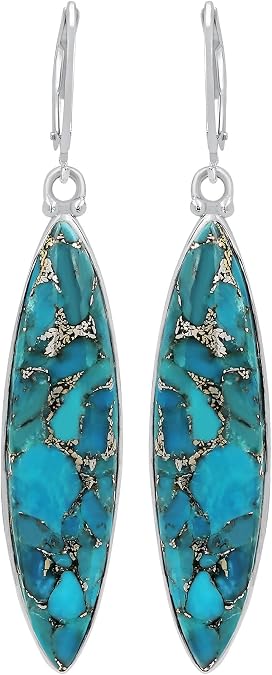 Natural Stabilized Copper Infused Turquoise Malachite Labradorite Sterling Silver Plated Earrings - Marquise Shaped Dangle & Drop Leverback Earrings For Women