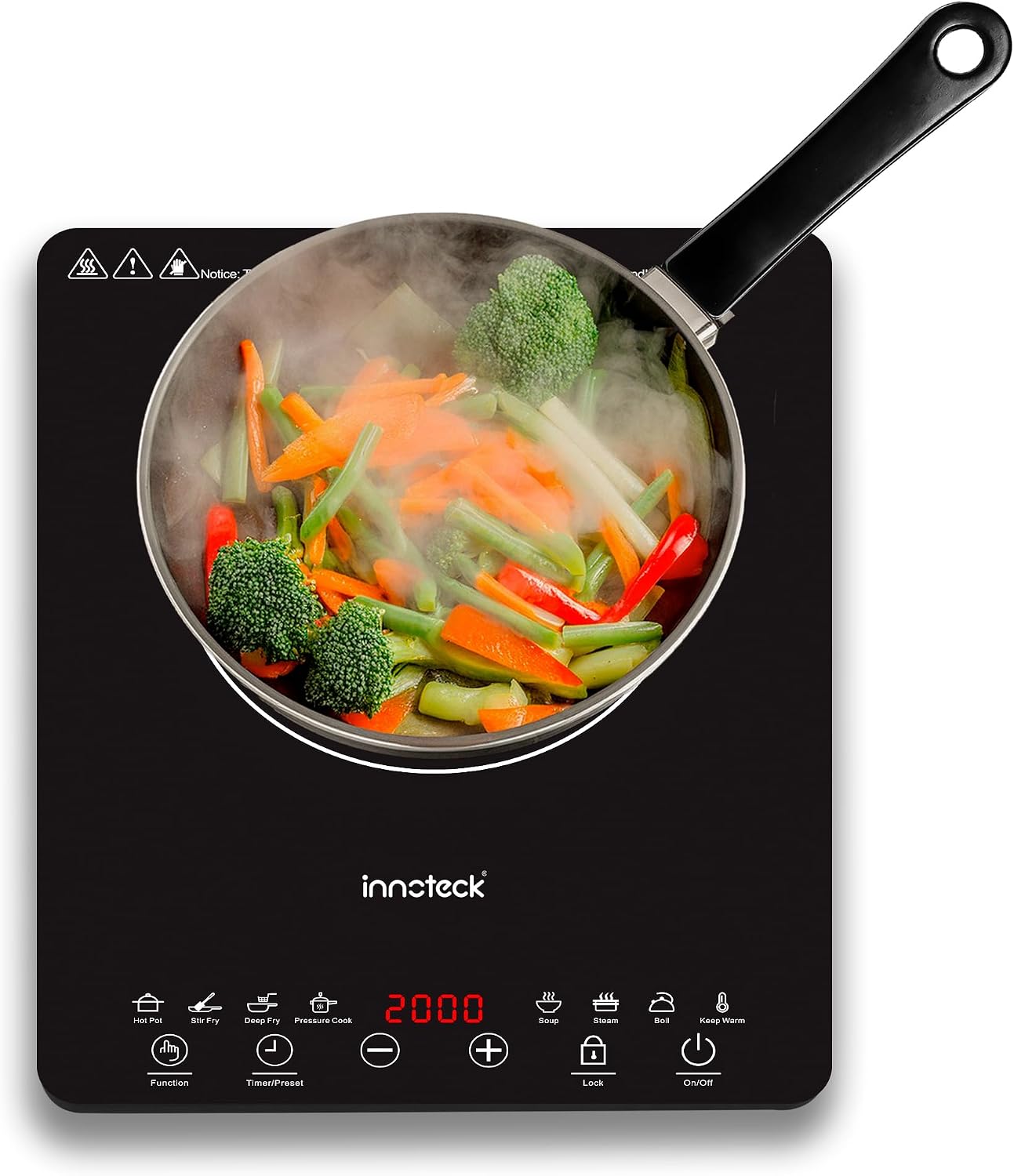 Innoteck Kitchen Pro Single Induction Hob – 2000W, Ultra-thin Design, Black Frosted Glass Panel, Multiple Power & Temperature Settings (60°C to 240°C), Touch Sensor, 3-Hour Timer, Child Safety Lock