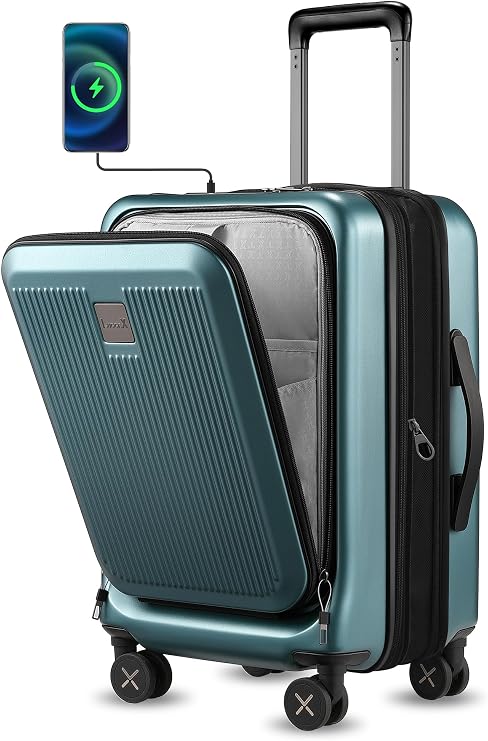 Carry on Luggage 22x14x9 Airline Approved, LTB PC Hard Shell Suitcase with Front Pocket, Expandable Luggage with USB Port (FX-Lite, Teal, 20 Inch, 37L-42L)