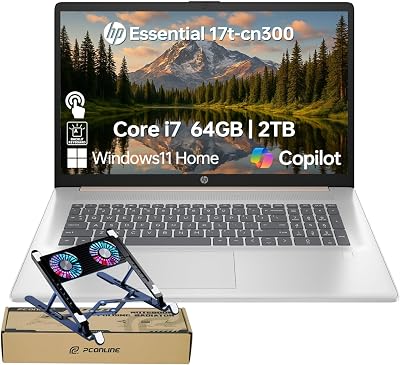 HP Essential 17 Laptop AI PC, 17.3 Touchscreen, Core i7-1355U 10 Cores, up to 5GHz Max Turbo, 64GB RAM, 2TB SSD, Backlit KB, FP Reader, Wi-Fi 6, Win11 Home, Rose Gold, Bundle with PCO Laptop Cooler