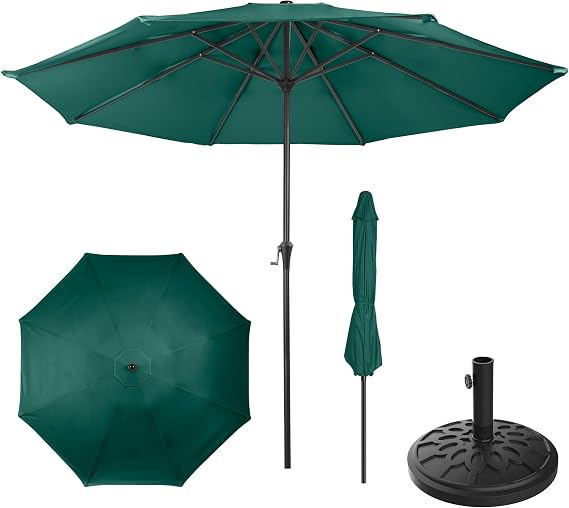 Pure Garden 9FT Round Patio Umbrella with 19lb Weighted Base - Easy Crank, Vented Canopy Outdoor Umbrella for Shade - For Deck, Balcony, Porch, Backyard, or Pool (Dark Green)