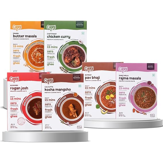 CURRYiT Ready To Cook Mini Pack Veg & Non-Veg Combo Pack Of 6 Dal Makhani,Butter Masala,Rajma,Kosha Mangsho,Kashmiri Rogan Josh, Chettinad Gravy Paste Made With Ghee (120G Each, Serves 2 Each)