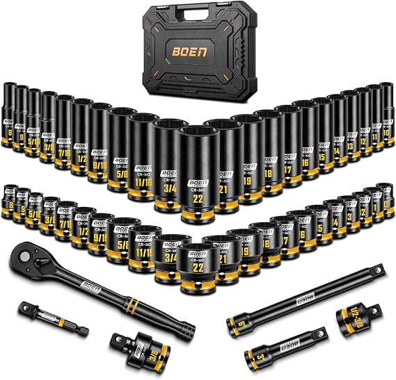 3/8" Drive Impact Socket Set, 50-Piece 6 Point Standard SAE (5/16 to 3/4 inch) and Metric (8-22mm) Sockets with deep Embossed & Painted Markings, CR-MO, Include 3/8-Inch Ratchet Handle