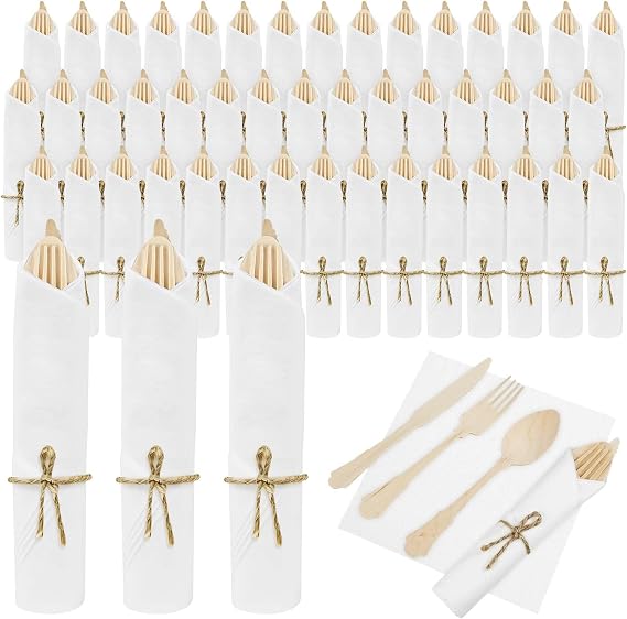 100Pack Pre Wrapped Disposable Wooden Cutlery with Napkins for Wedding | Pre Rolled Wooden Spoons Forks Knives with Napkins, Wrapped Silverware Set Disposable, Biodegradable Cutlery