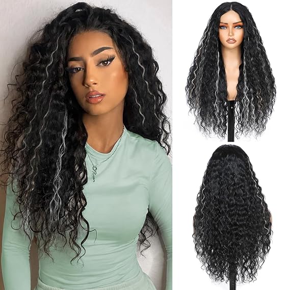 Long Curly Hair Wig for Women, Synthetic Glueless Wig, 26 Inch,Skunk Mix
