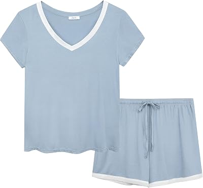 Joyaria Cooling Pajamas Bamboo Viscose Women Short Sleeve V Neck PJ Shorts Set