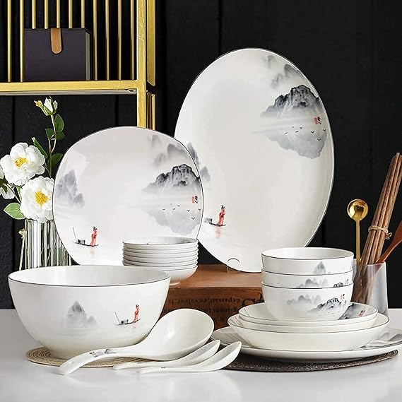 Dinnerware Sets for 4/6/12,Black and White Plates Bowls Set,Chinese Dinner Set,Dish Set/tableware Ancient Ink Painting Design-for Home,Kitchen Dinning,35 Pieces