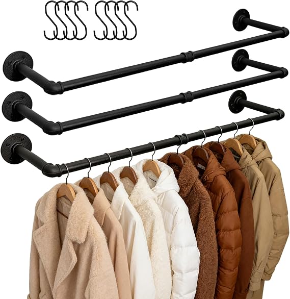 Aduanbang Industrial Pipe Clothing Rack, 38.4 Inch Heavy Duty Wall Mounted, Black Iron Garment Bar, Detachable Hanging Rod for Closet Storage