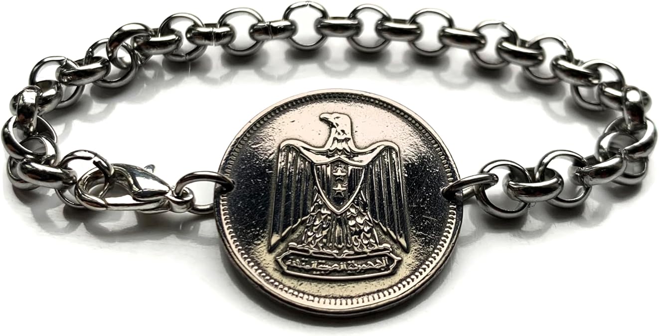 1967 Egypt 5 Qirsh coin rolo link bracelet eagle of Saladin Cairo Alexandria Luxor Thebes Aswan Port Said Suez Abu Simbel Egyptian Khafra Great Sphinx of Giza pyramids Tutankhamun Nile River b000157