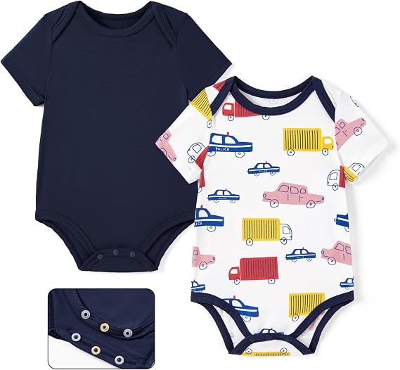 PATPAT Baby Bodysuits Supersoft Bamboo Viscose - Short Sleeve Boys and Girls - Newborn Infant Unisex Clothes - 2 Pack Navy Knight 3-6 Months Royal Blue