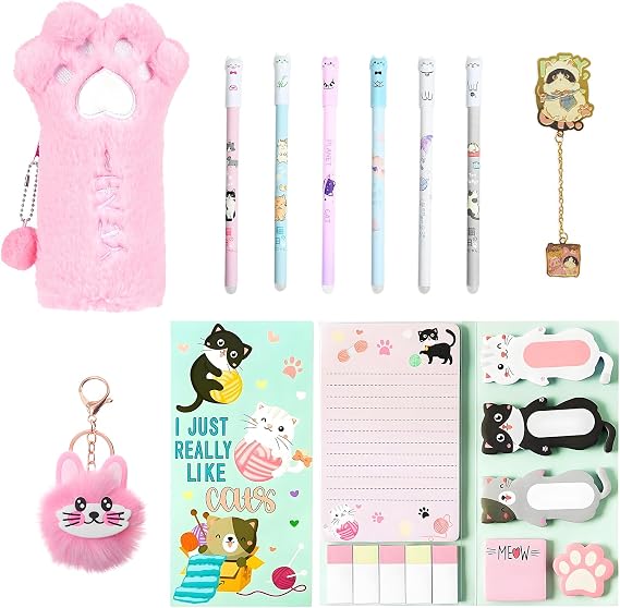 Cat Stationery with Cute Sticky Notes Set Cat Paw Pencil Case Erasable Pens Cat Themed Gifts School Supplies for Girls Women Cat Lovers.
