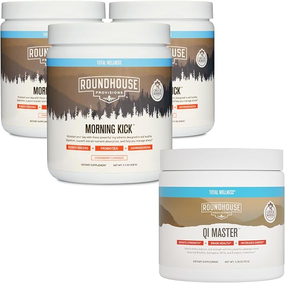 ROUNDHOUSE PROVISION Morning Kick Zero Sugar Greens Superfood Powder Supplement 3 Pack and Qi Master Wellness Bundle by Chuck Norris