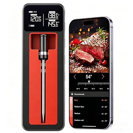 Smart Wireless Meat Thermometer IP67 Ultra-Thin Probe 0.5F Accuracy Bluetooth 230ft Real-Time Monitoring & Smart Alerts with APP Standalone Display Base for BBQ, Oven, Kitchen,Grill,Smoker