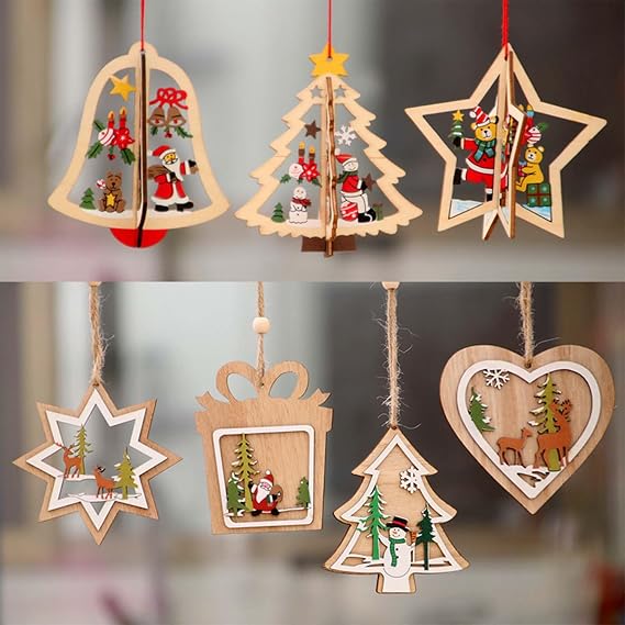 6 Pcs Christmas Decorations,Craved Hanging Wooden Christmas Tree Ornaments for Indoor/Outdoor Party Holiday Home Decor