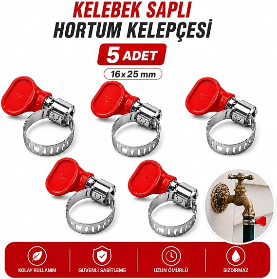 Kelebek Saplı Hortum Kelepçesi [5 ADET] 16X25 Mm Vidalı Paslanmaz Çelik Ayarlanabilir Boru Klipsi
