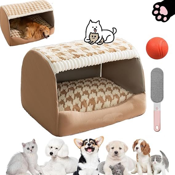 Deep Sleep Dog Bed, Deep Sleep Cozy Dog House, Inside Dog House with Removable Cushion, Indestructible Non-Slip Dog Bed for Large Medium Small Dogs Cats, Machine Cleanable (Brown, M)