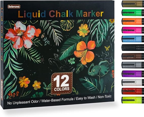 Liquid Chalk Markers Erasable Set of 12 Colors, Neon Liquid Chalk Pens for Chalkboard, Chalk Markers for Blackboard Fine Tip for Whiteboard, Glass, Windows, Mirrors, Restaurant Menu & Signs.