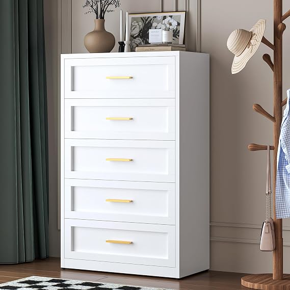 LCAOPC White Metal Dresser with 5 Spacious Drawers, Modern Chest of Drawers with Gold Handles, Metal Chest of Drawers, Dressers & Chests of Drawers for Bedroom, Living Room, Hallway, Office, Closet