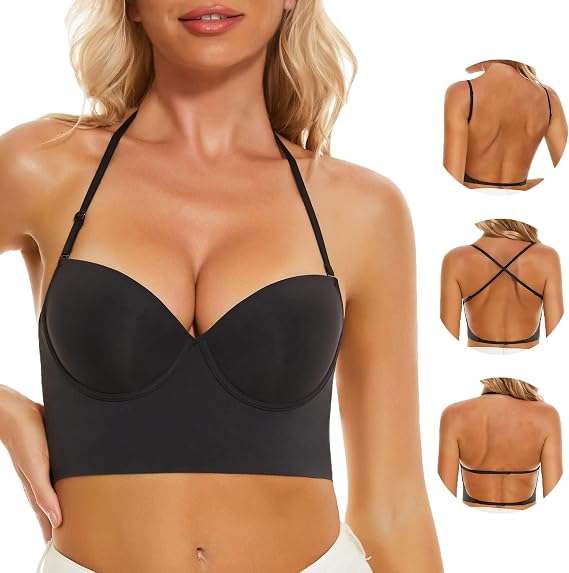 Low Back Bras for Women-Seamless Invisible Backless Bra Multiway Halter | Open Back,Low Cut,Demi,Multi-Way Convertible Straps Low Cut Bras Halter Bra,Fits Summer Backless Dresses and Low Back Tops