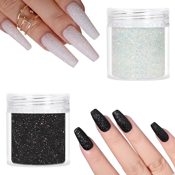 Laza 2 Jars Black and White Nail Shimmer Snow Powder Diamond Dust Pixie Sparkle Fairy Shiny Nail Art Decoration Sugar Glitter for French Manicure