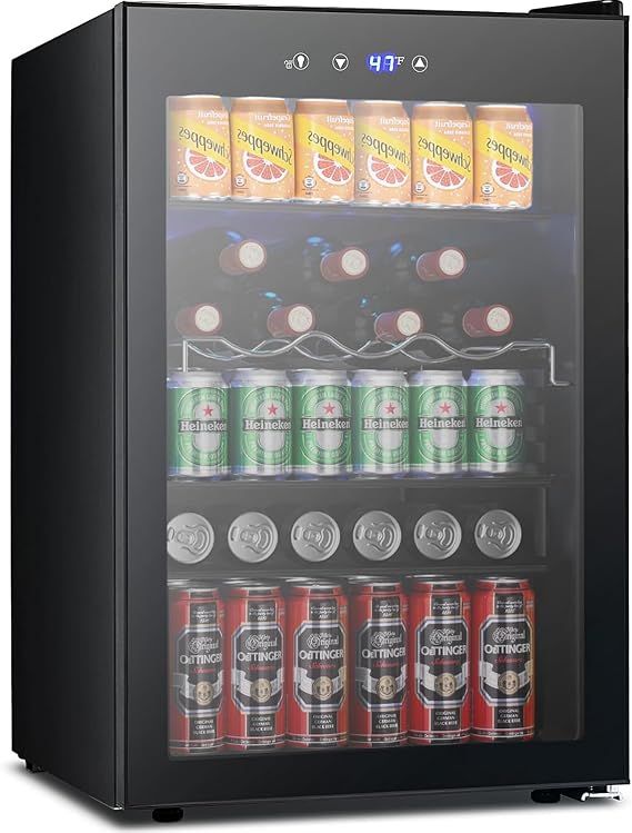 COWSAR Beverage Refrigerator 145 Can Wine Cooler Freestanding Mini Fridge Small with Digital Temperature Control, Glass Door, and Child Lock, Quiet Drink Refrigerator for Home, Bar 4.5 Cu. Ft.