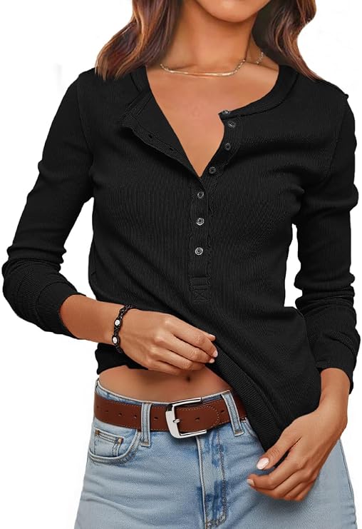 Womens Ribbed Knit Henley Shirts Fall Long Sleeve Tops Basic T-Shirts 2025 Trendy Casual Blouses Black