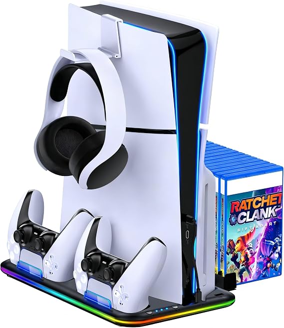 Cooling Stand for PS5 with Dual Controller Charging Station Compatible with PS5 Pro/Slim Disc & Digital Console, Vertical Stand with 3-Speed Fan, 15 Game Disc Slots, Headphone Hook, LED Lights, Black