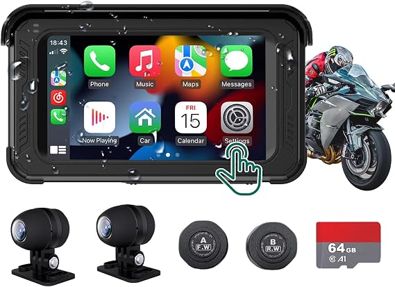 Motorcycle DVR Dash Cam with Wireless Apple Carplay, Android Auto, TPMS, HD 1080P Cameras, GPS G-Sensor, Siri & Google Voice, 5" IPS Touch Screen, WiFi, Bluetooth, and Waterproof TTXSCAM MT02