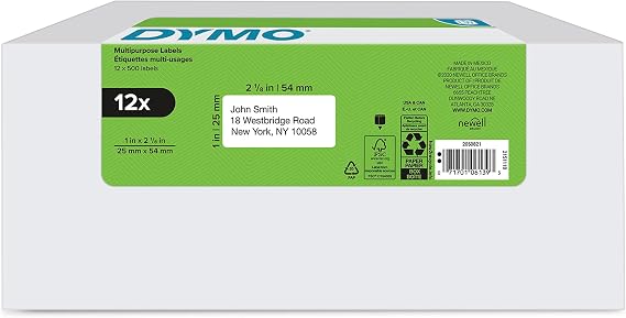 DYMO Authentic LW Multi-Purpose Labels for LabelWriter Label Printers, White, 1 x 2-18, 12 rolls of 500 6000 Total