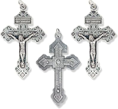 Pack of 3 - Pardon Crucifix Rosary Part Pope Saint Pius X - 2 1/8" Silver Oxidized Italian Catholic Crucifixes for Rosary Making Supplies, Made in Italy