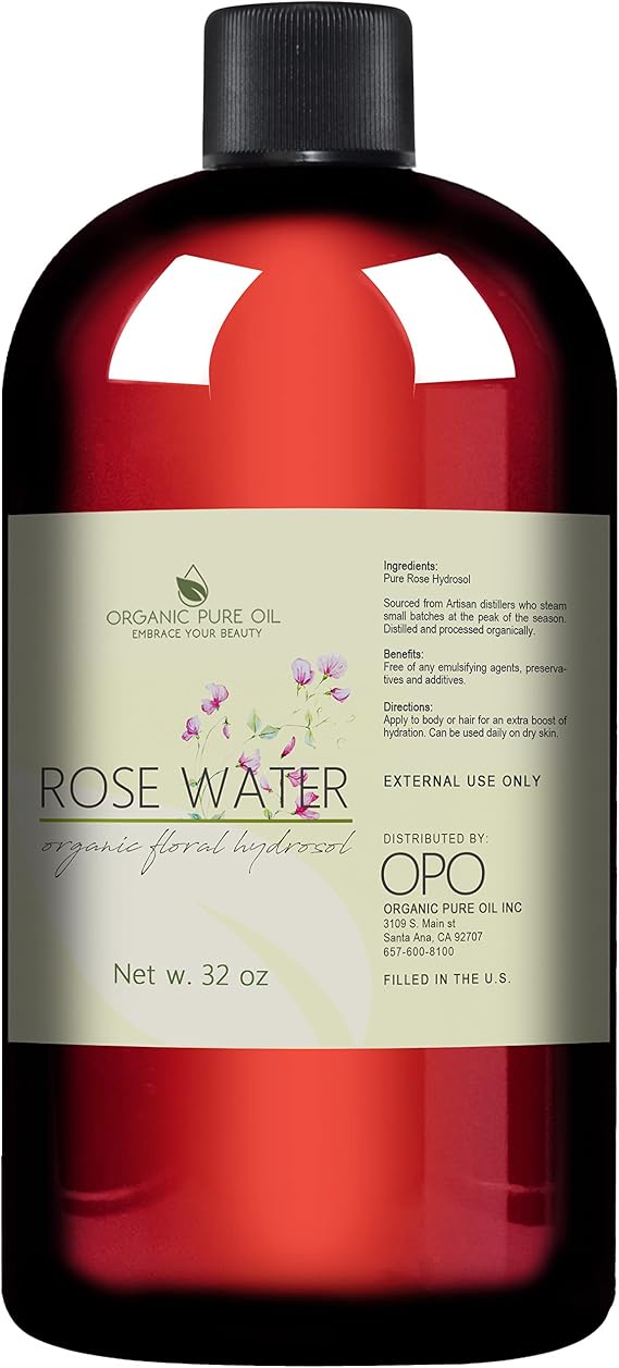Rose Hydrosol Water, Pure Rosewater Spray Mist Bulk, Hydrating Face Toner Rose Water for Skin and Hair Linen Spray for Sheets Room Freshener Body Spray Refill By Organic Pure Oil, 32 oz