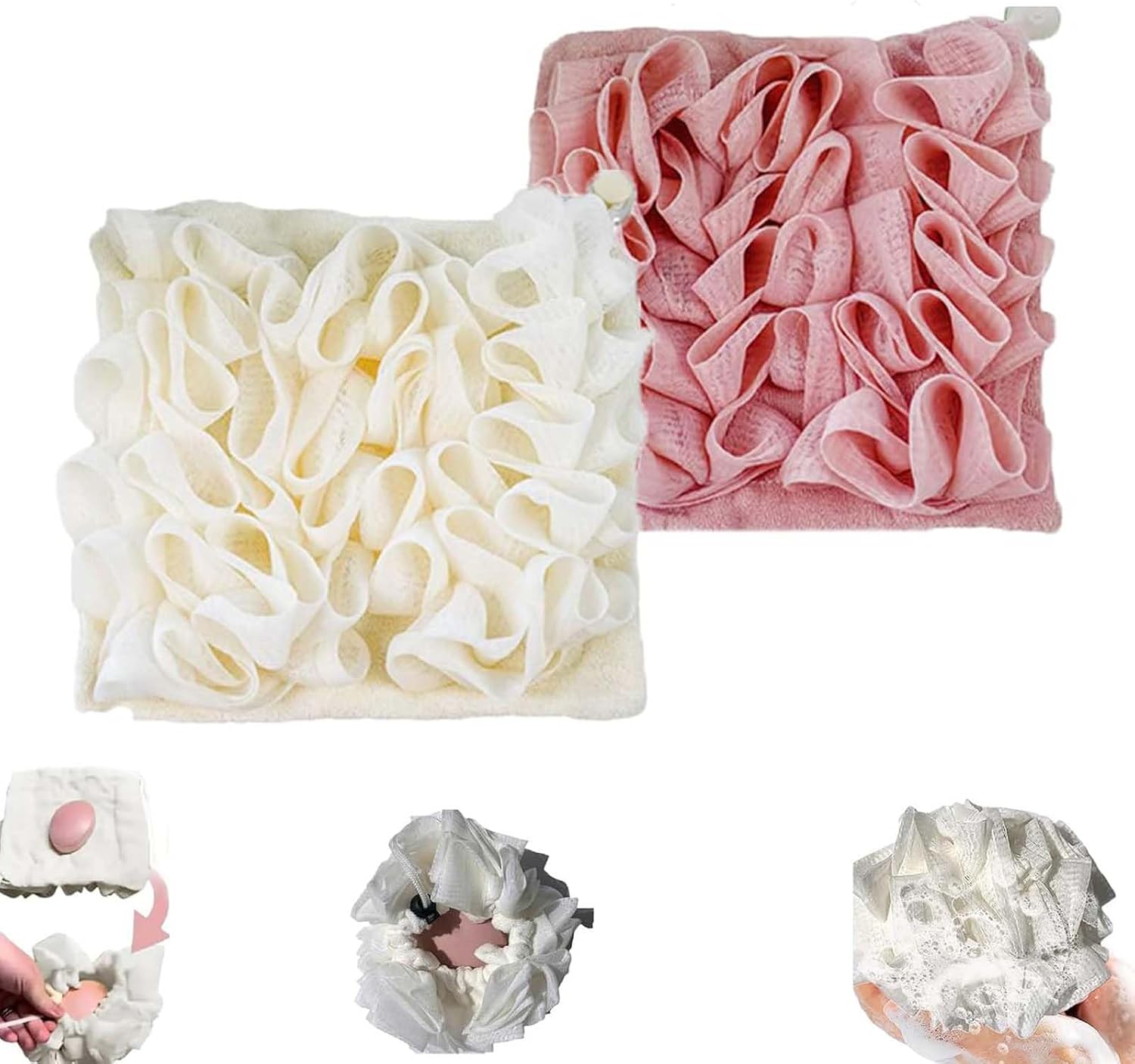 Loofah Washcloth Combo, 2-in-1 Bath Ball Cloth, Soft and Gentle, White, Cotton, Modern