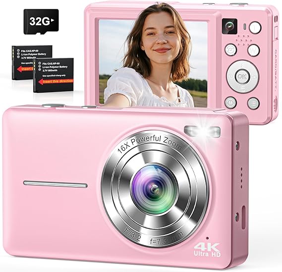 Digital Camera 4K 64MP Camera Double Camera with Auto Focus Flash 16X Zoom Anti-Shake 32GB Card Compact Vlogging Camera for Children Teenagers Adults Beginners Pink