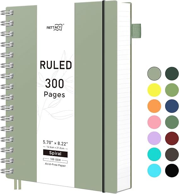RETTACY Spiral College Ruled Notebook, 300 Pages, A5 Size (5.7" x 8.2")
