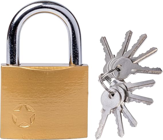 Keyed Padlock Lock with 10 Keys Large 2 Inch Size - Weatherproof Outdoor Solid Brass Lock with Hardened Steel Shackle for Gym & School Locker, Gate, Fence, Toolbox, Storage Unit & Shed (1 Lock)