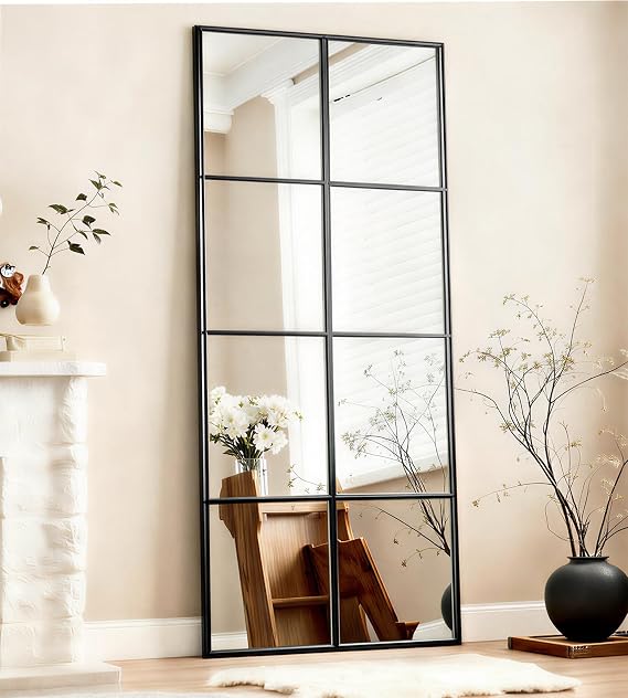 Full Length Mirror, 56"x22" Large Rectangular Window Pane Wall Mirror, Black Full Body Mirrors, Oversize Farmhouse Standing Mirrors Hanging or Leaning for Living Room, Entryway, No Stand