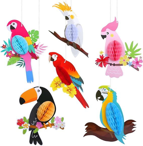 KESOTE Hawaiian Tropical Parrot Bird Honeycomb Hanging Party Decorations | Summer Tiki Bar Party Decor, Rainforest Decorations Garden Yard Room Decor, 6PCS