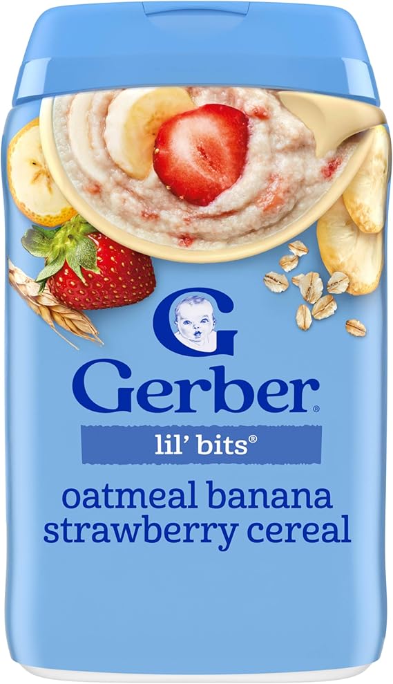 Gerber ガーバー Oatmeal Cereal Banana & Strawberry 227 g | Stage 3 Baby Cereal, Lil Bits Texture, Whole Grain, Iron, 8oz Canister