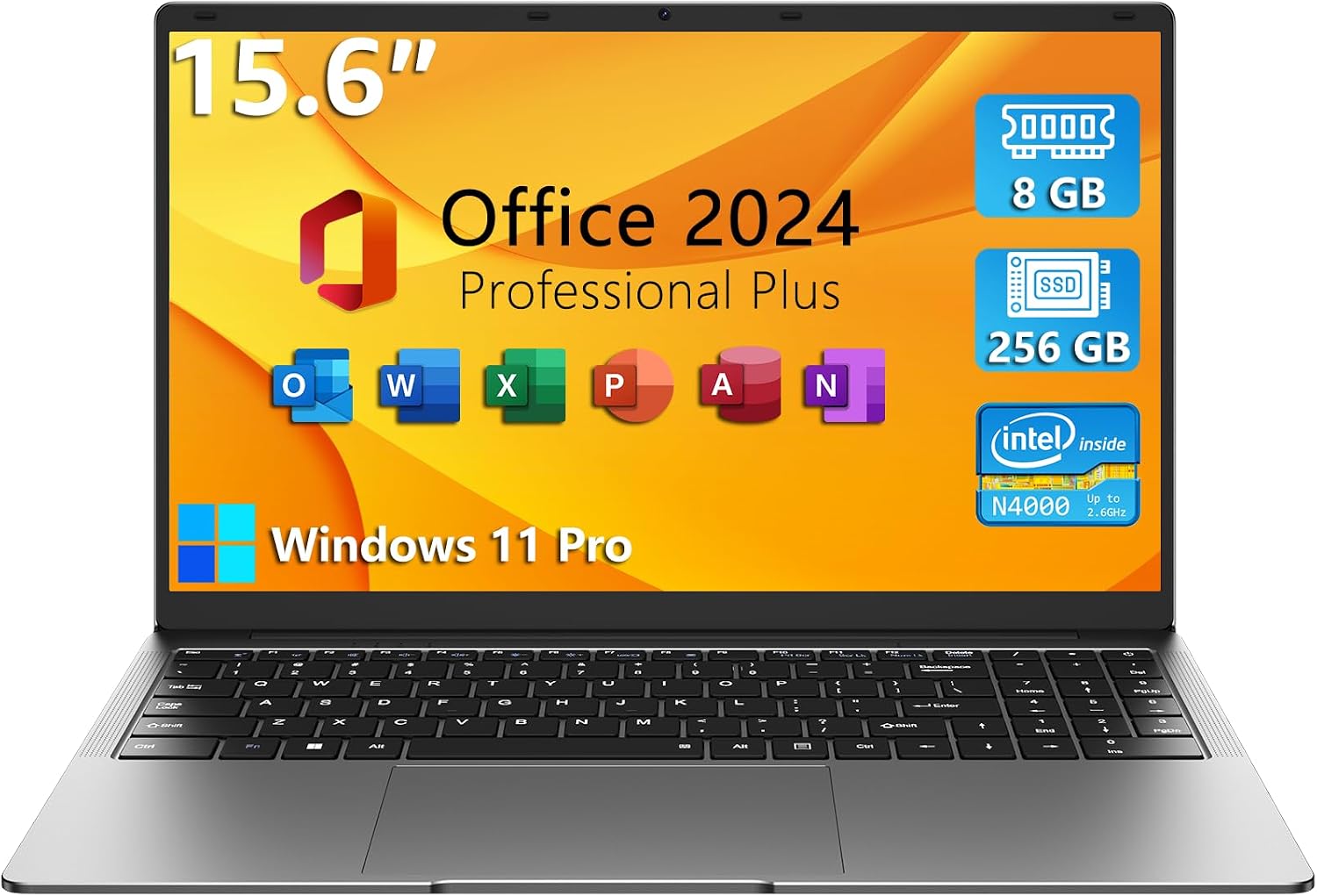 TPV 15.6 Windows 11 Pro Laptop, MS Office 2024, 8GB RAM 256GB Storage, Intel Celeron N4000up to 2.6GHz 100% sRGB Screen, 2.4G5G Dual Band WiFi, BT4.2, USB-A, Long Battery Life, Silver