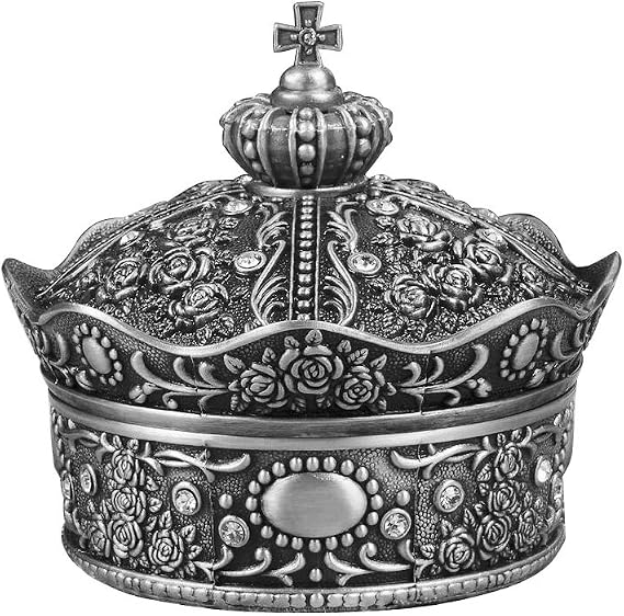 Creative Vintage Metal Alloy Crown Design Jewelry Box Ring Trinket Case Christmas Birthday Gift, Small