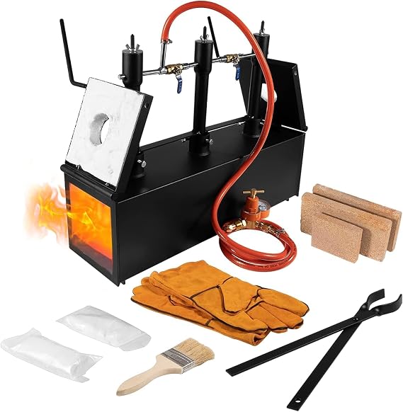 Propane Gas Forge, Triple Burner 2700F Blacksmithing Forge Large Capacity Forge, Square Propane Burner Forge with V-Bit Tongs & Leather Welding Gloves for Farrier, Knife and Tool Making