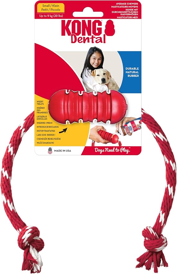 KONG Dental with Rope- for Dog Dental Care - Stuffable Chew Toy - Provides Chewing Outlet & Satisfies Instinctual Needs - Cleans Teeth & Gums - Made with Durable Natural Rubber - for Small Dogs