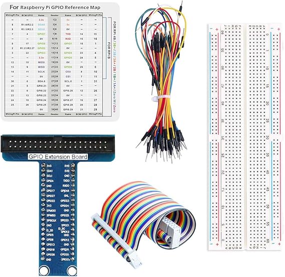 RPi GPIO Breakout Expansion Kit for Raspberry Pi 4B 3B+ 3B 2B B+ with 830 Tie Points Solderless Breadboard, 40pin GPIO Flat Ribbon Cable, 65pcs Jumper Wire