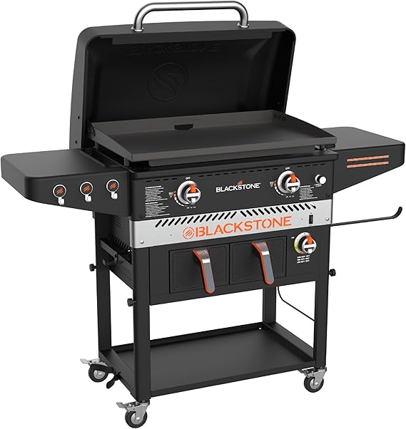 Blackstone 28 Griddle with Air Fryer Combo & Two Burners - Stainless Steel Gas Griddle with Hood, Wheels, Two Side Shelf Heavy Duty Outdoor Griddle Station for Backyard, Patio 1962