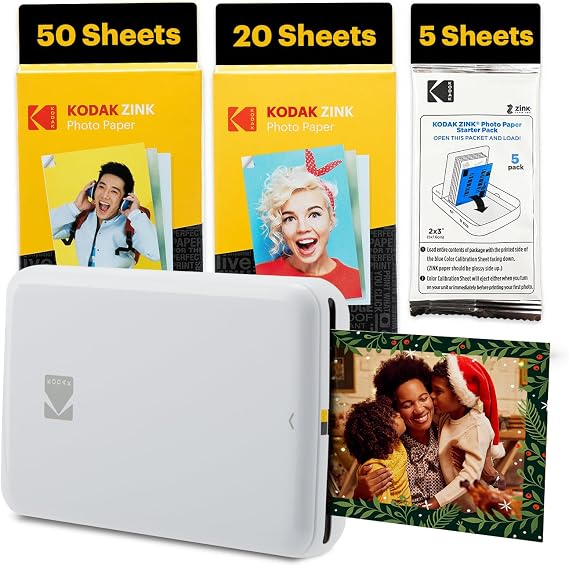 Kodak Step Instant Smartphone Photo Printer - 75 Sheets Bundle - Portable Mini Color Wireless Mobile Printer - Zink 2x3 Sticky-Back Photos - Bluetooth Compatible with Smart Devices - Fun App -White