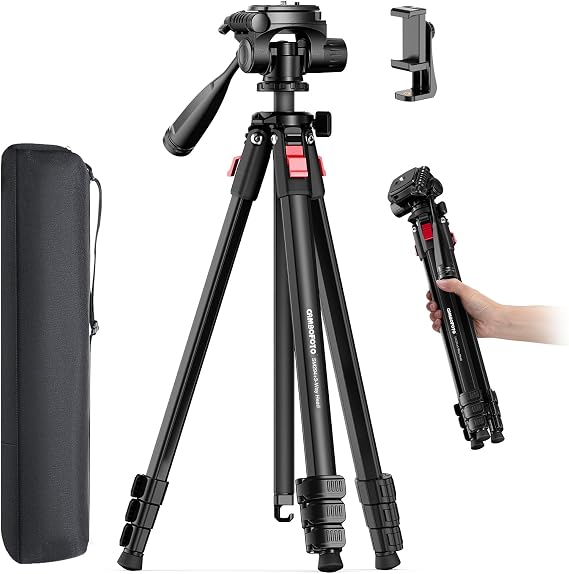 CAMBOFOTO 68" Lightweight Travel Camera Tripod Stand, Portable Aluminum DSLR/SLR Tripod and Carry Bag, for Photo, Video & Vlogging, Compatible with Canon/Nikon Camera (Matte Black)