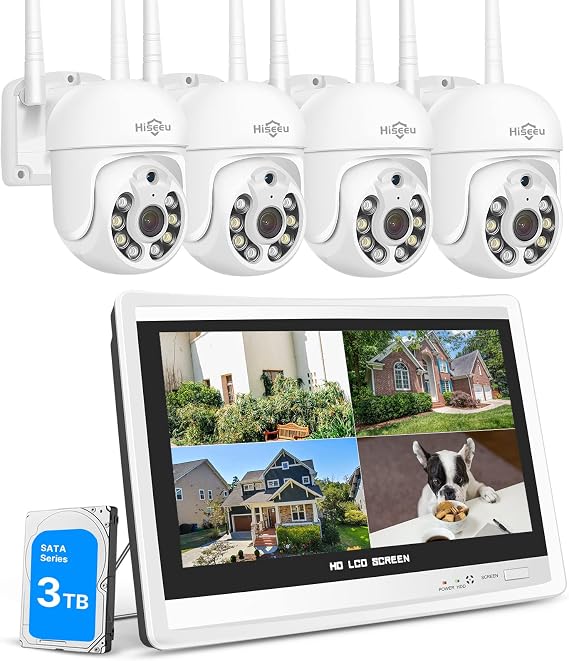 5 Million Pixels・360° Tracking FunctionWireless Hiseeu Surveillance Camera, 12-Inch LCD Monitor Integrated NVR, 5 Million Pixels, Wireless Camera Set of 4, Expandable up to 10 Channels, Remote