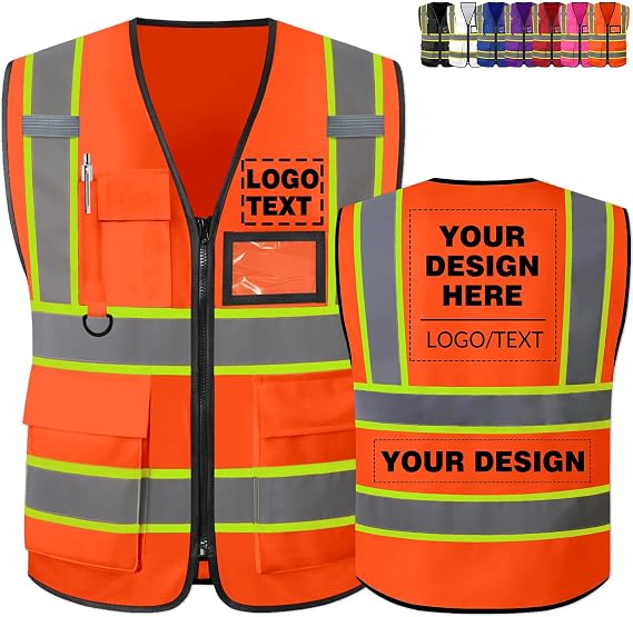 Custom Safety Vest Logo High Visibility Vest Personalized Dual Tone Reflective Strips Pockets Zipper