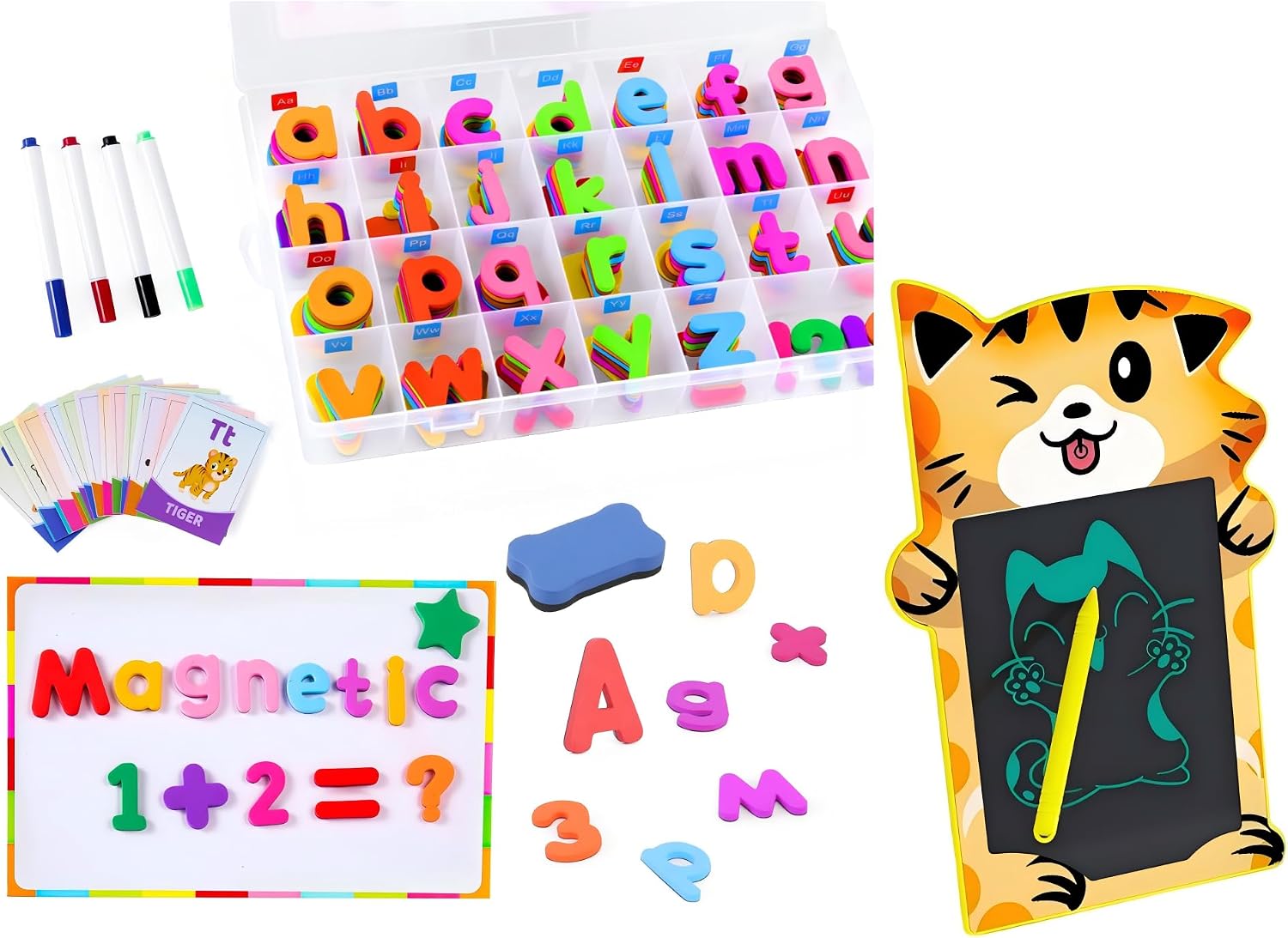 Classroom Magnetic Letters Kit with LCD Writing Tablet for Kids, 237PCS Uppercase Lowercase Alphabet ABC Fridge Magnets, Educational Toy Set Learning Spelling with Magnetic Board and Storage Box